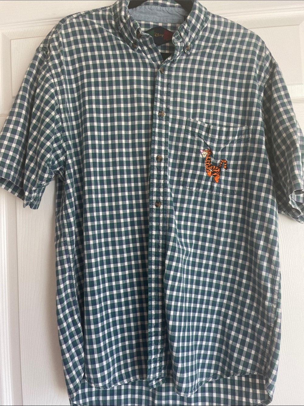Disney Green and White Check Short-Sleeve Button-Down Shirt with Tigger Patch